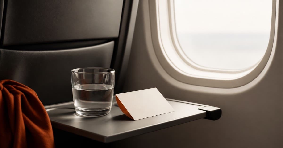 An airplane cabin window seat with tray table, minimal composition