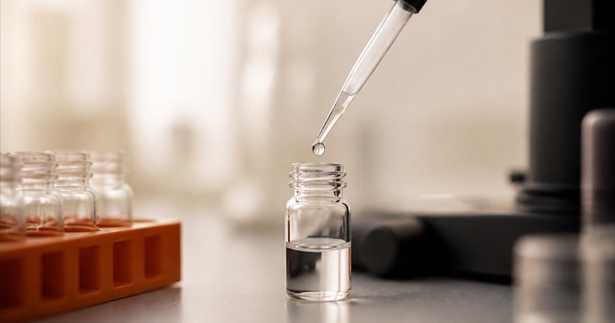 A laboratory pipette dispensing liquid into a vial, macro shot