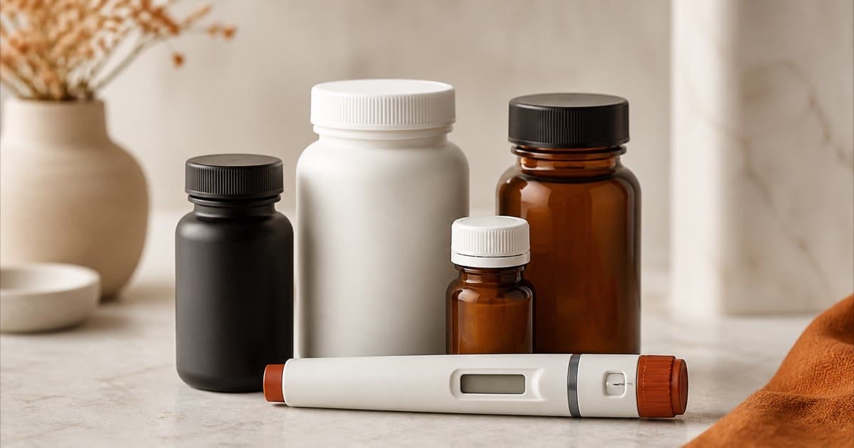 Several pill bottles and an injection pen grouped together on a counter