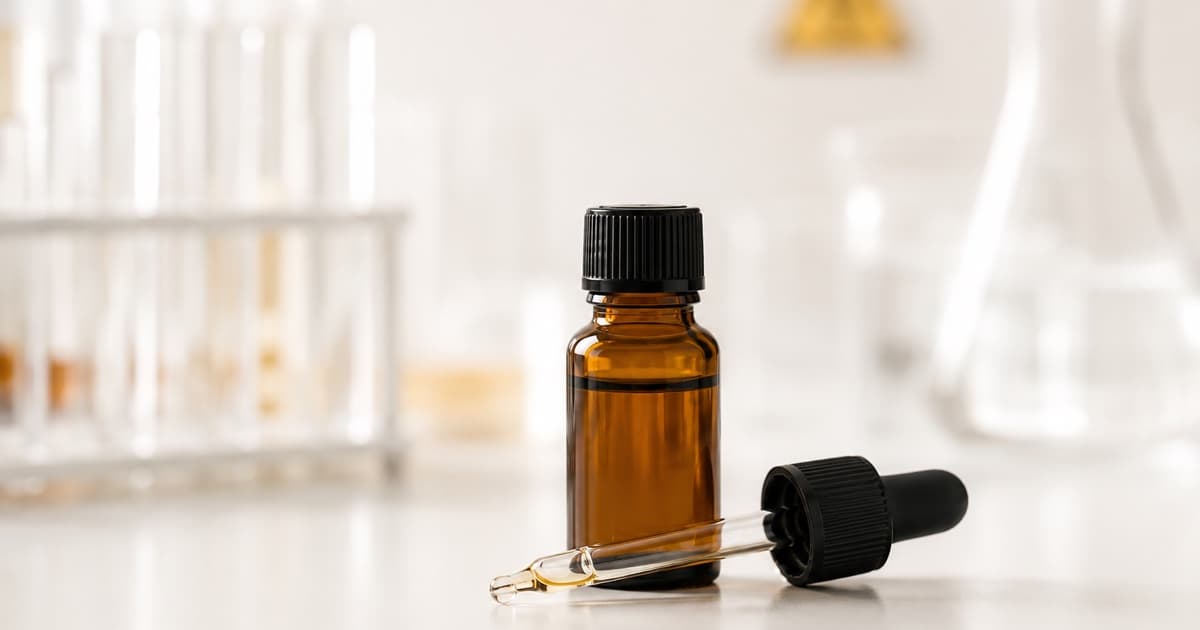 An unlabeled amber dropper bottle on a lab bench with a hazard symbol blurred in the background