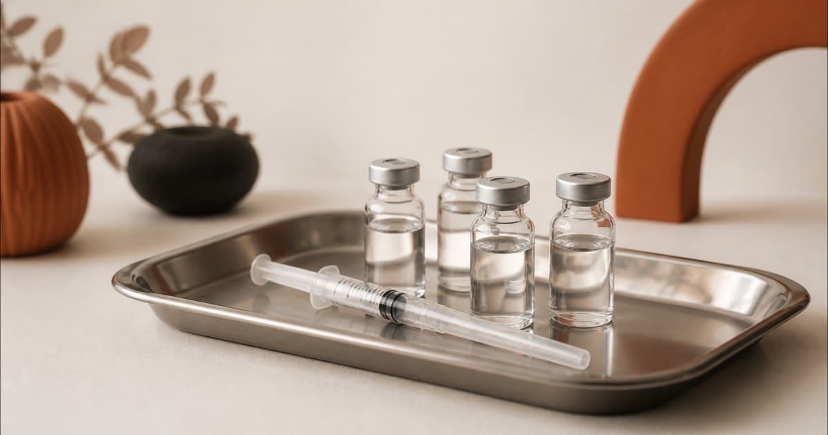 An unlabeled vial and syringe on a stainless steel tray