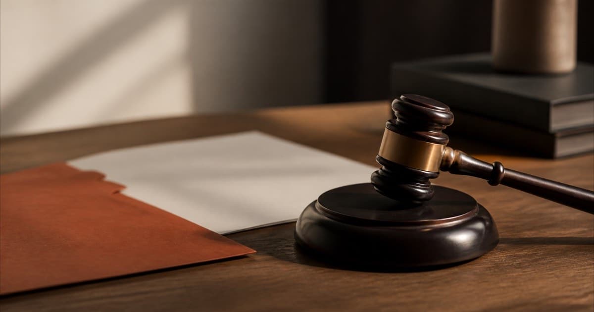 Close-up of a gavel resting on a wooden desk