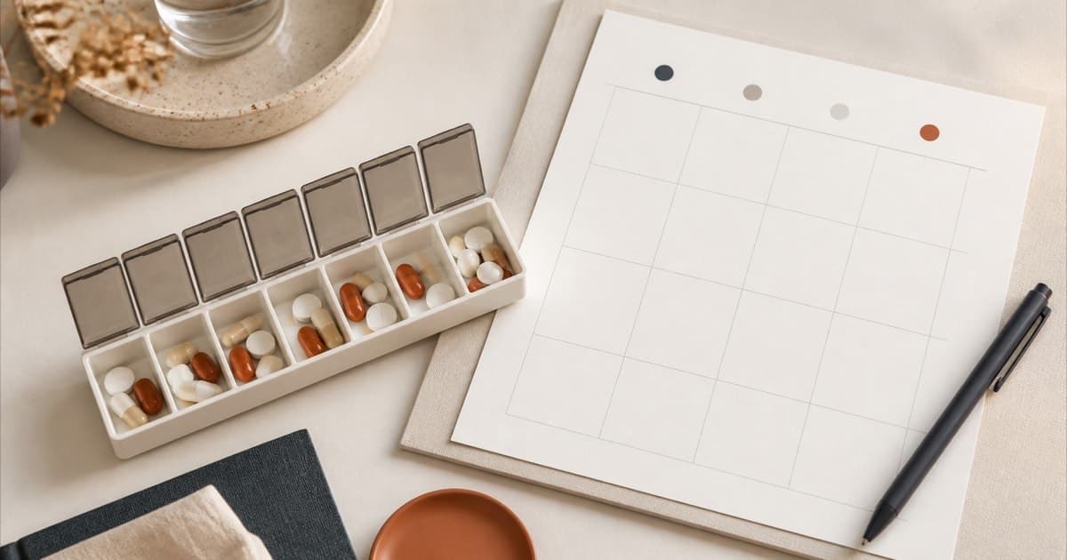 A weekly pill organizer and calendar laid flat, overhead view