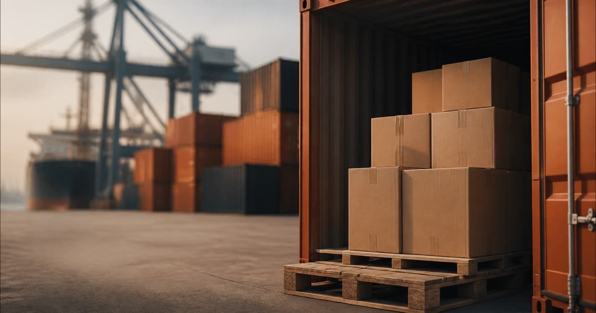 Shipping containers and cargo pallets at a freight yard