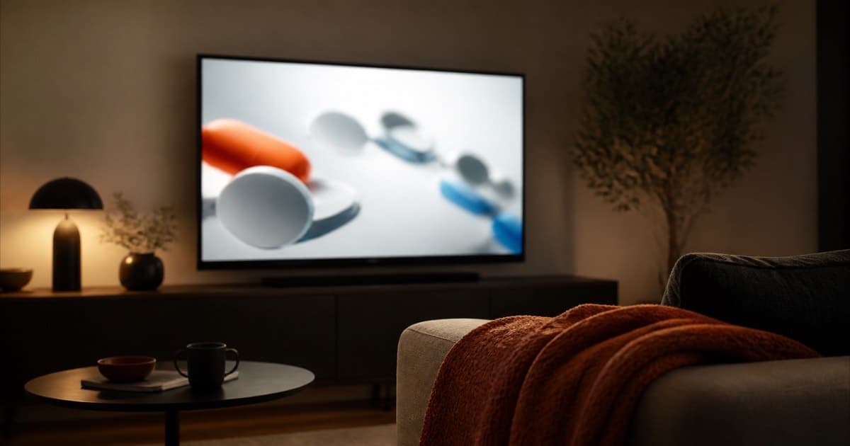 Glow of a television screen in a dim living room