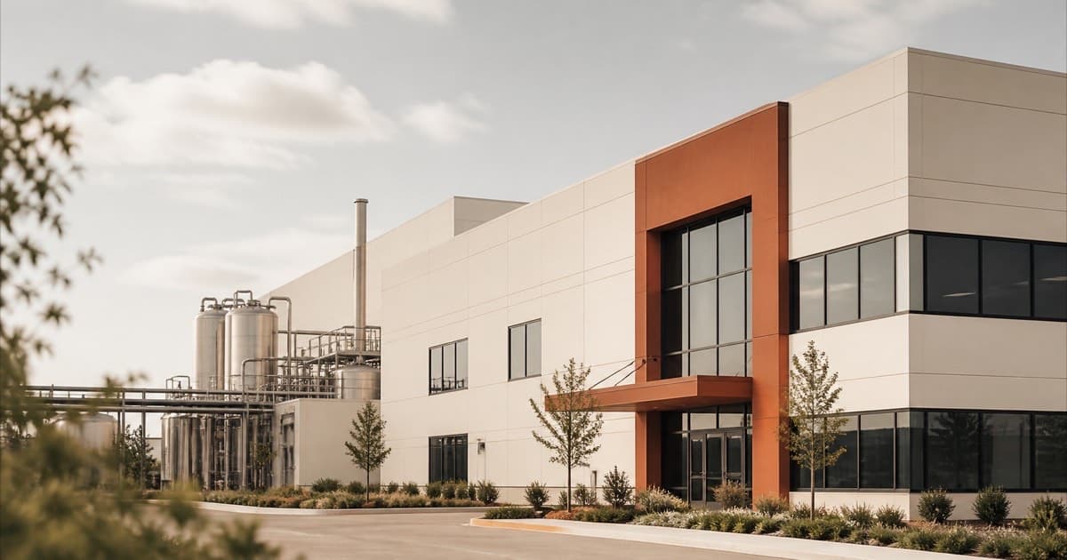 Exterior of a modern pharmaceutical manufacturing facility