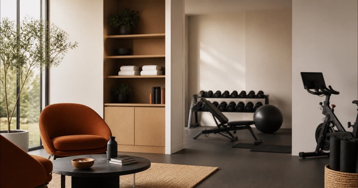 An empty office wellness room with exercise equipment