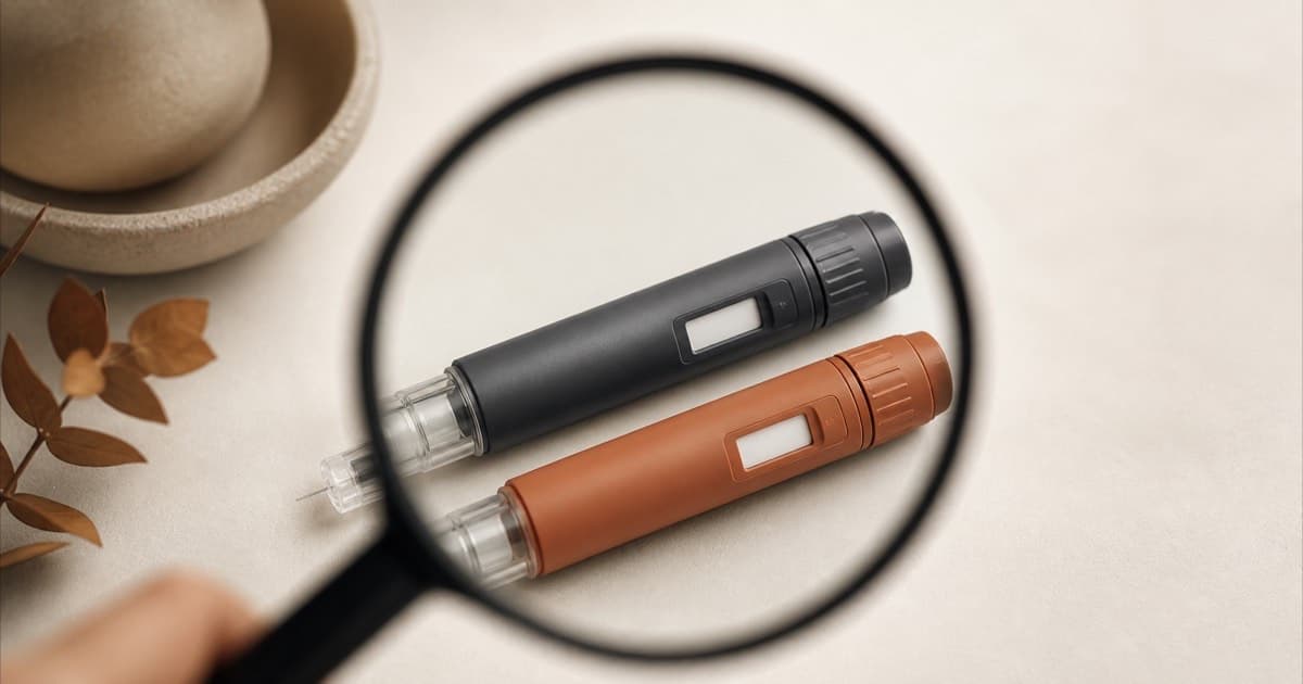 A magnifying glass held over two similar-looking injection pens