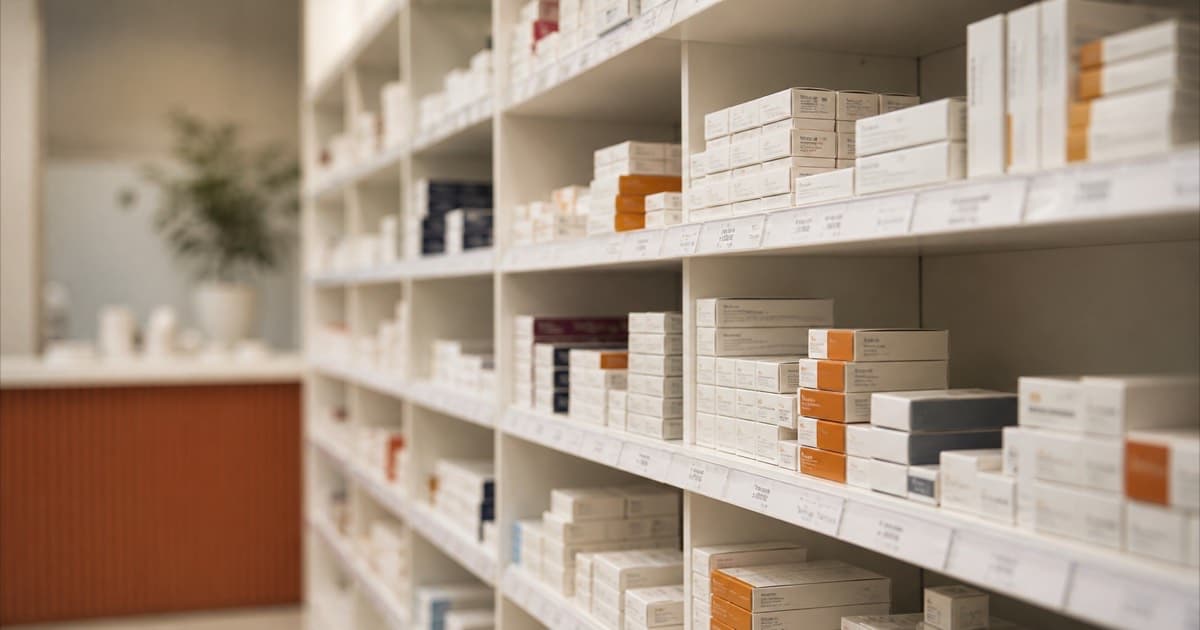 A pharmacy shelf, different angle