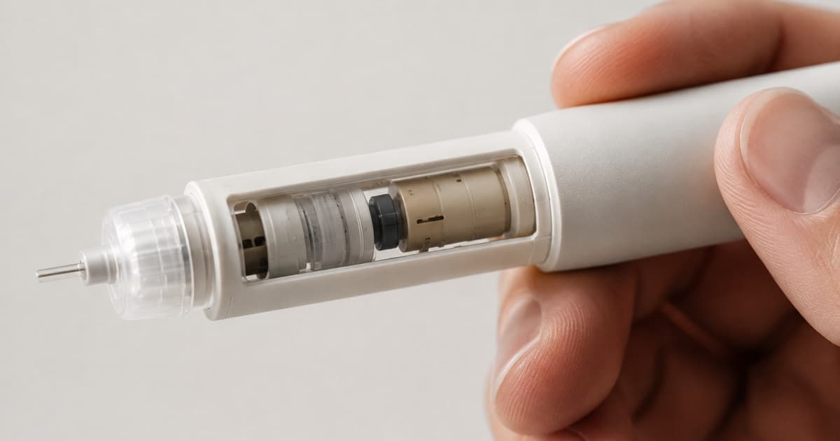 Close-up photo of a hand holding an unbranded injection pen device with its internal mechanism visible