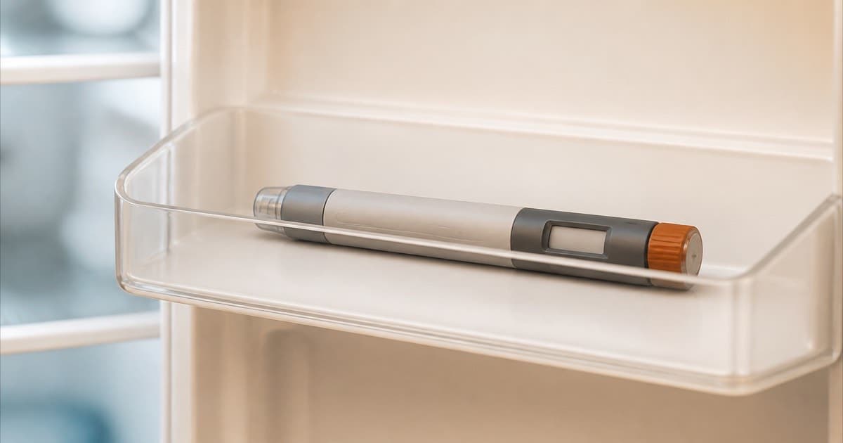 An injection pen stored in an open refrigerator door compartment