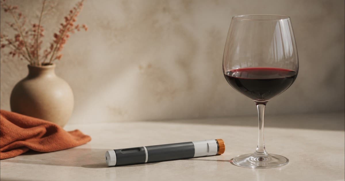 A glass of wine next to an injection pen on a table