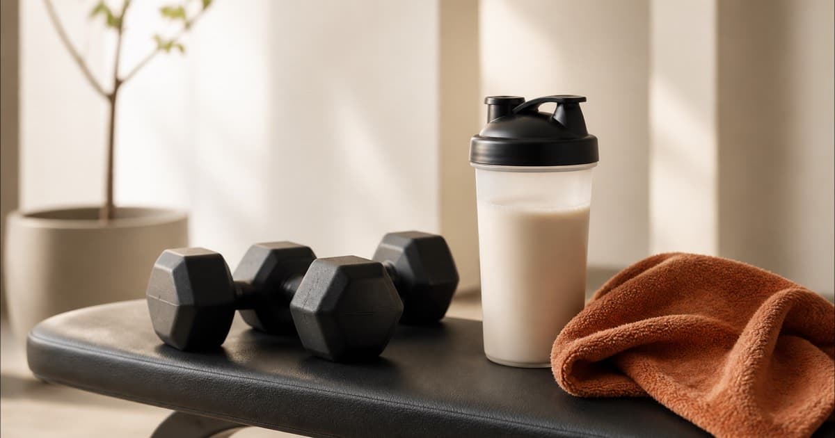 Small dumbbells next to a protein shake on a gym bench