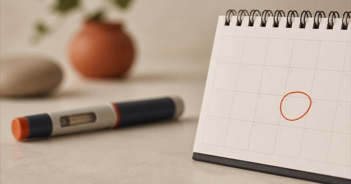 A calendar with a circled date and a blurred injection pen in the background