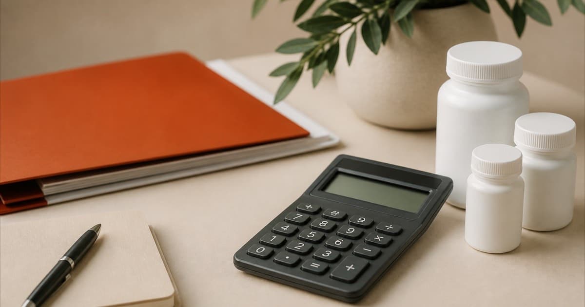 A calculator and prescription bottle on a desk
