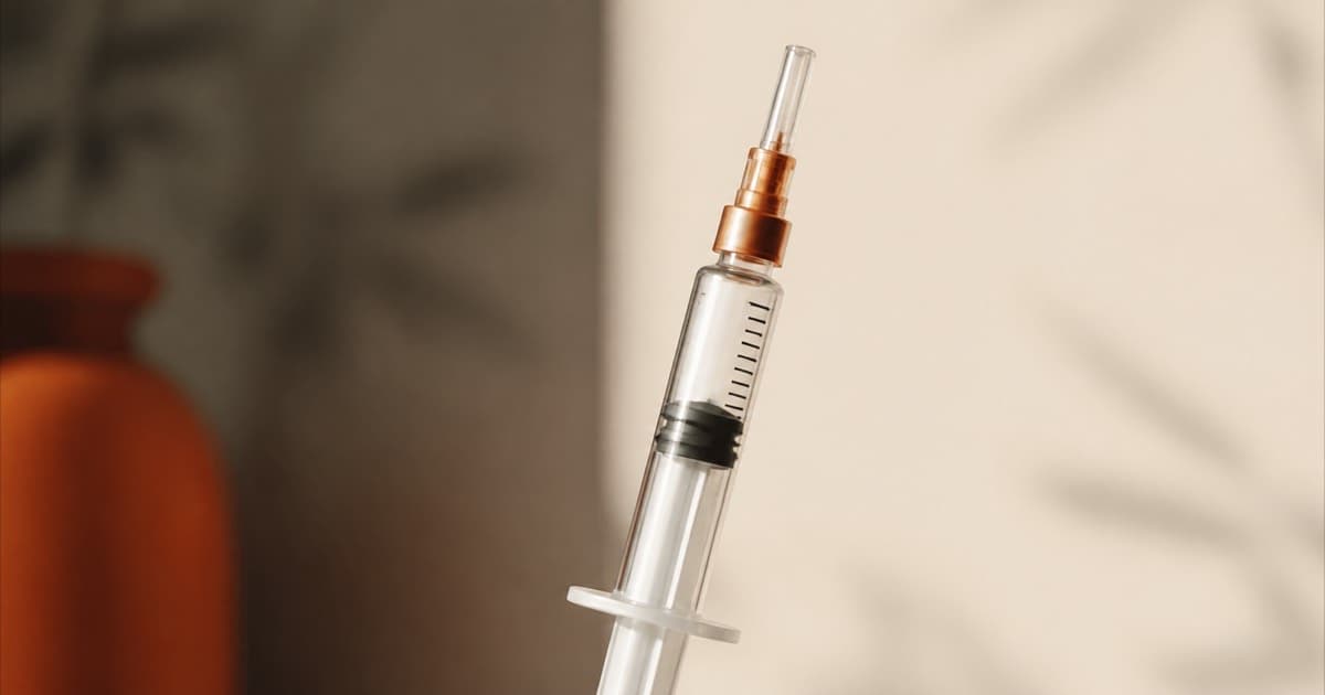 A syringe with fine measurement markings held up to the light
