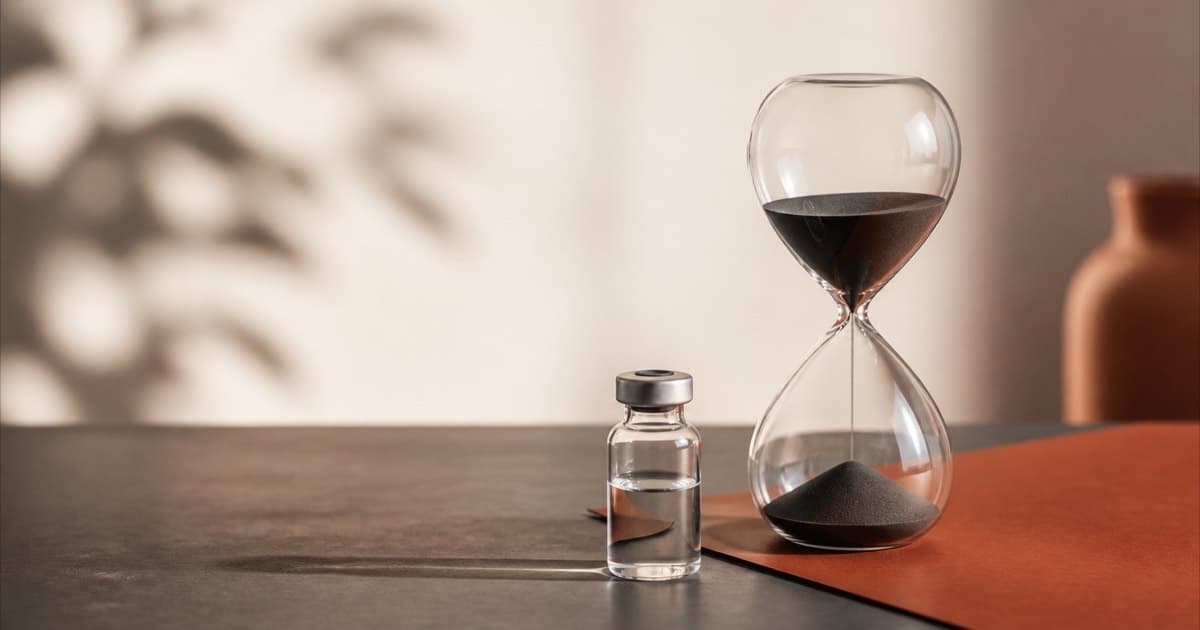 An hourglass next to a pharmaceutical vial