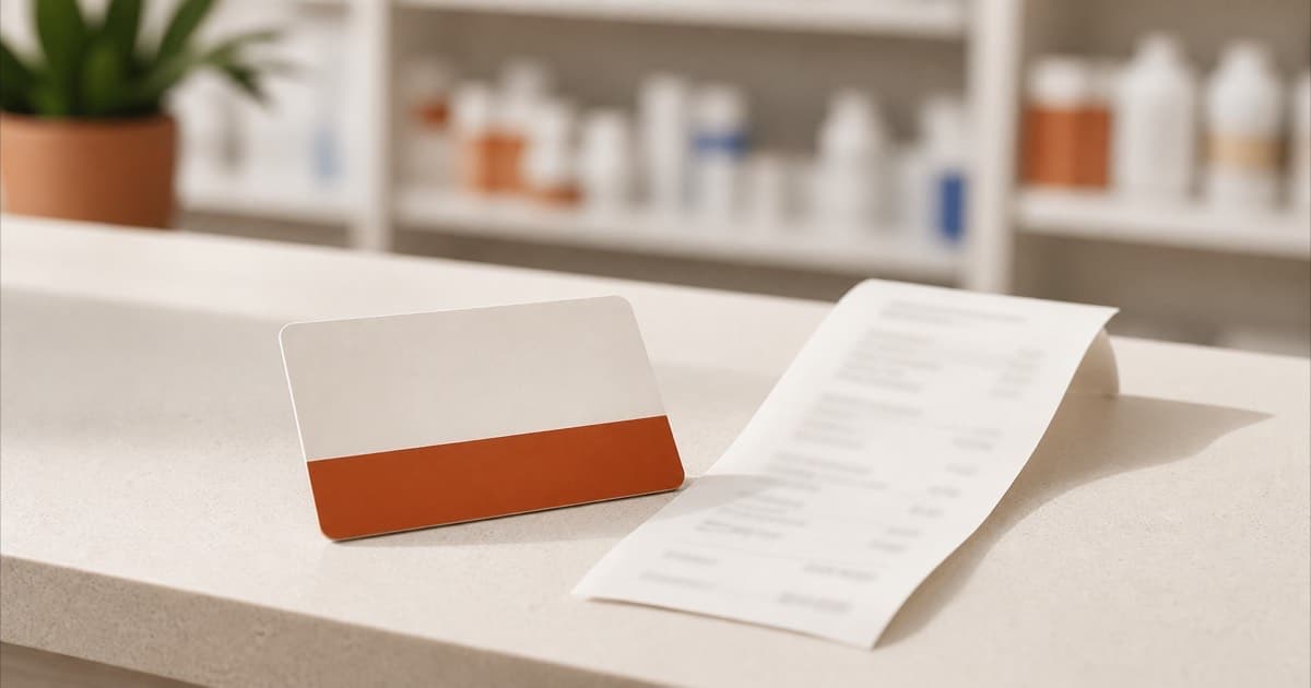 A discount card and pharmacy receipt on a counter