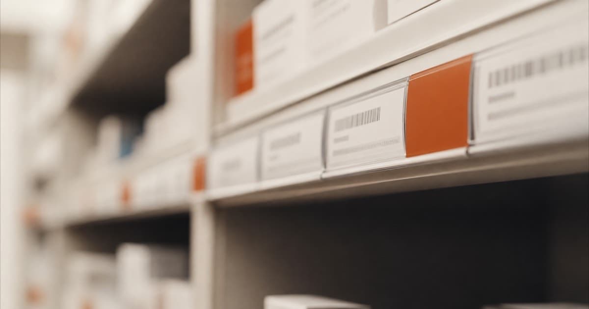 Close-up of pharmacy shelf barcode labels