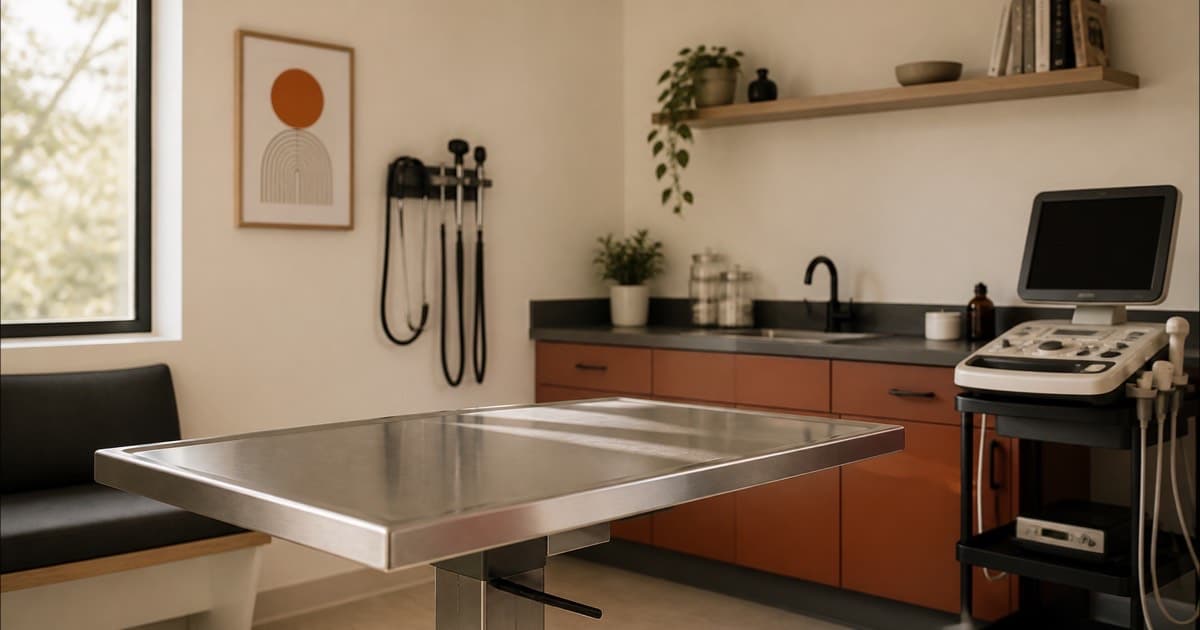 An empty stainless steel veterinary exam table