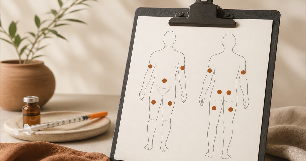 A clipboard showing a body outline diagram with injection site rotation points marked