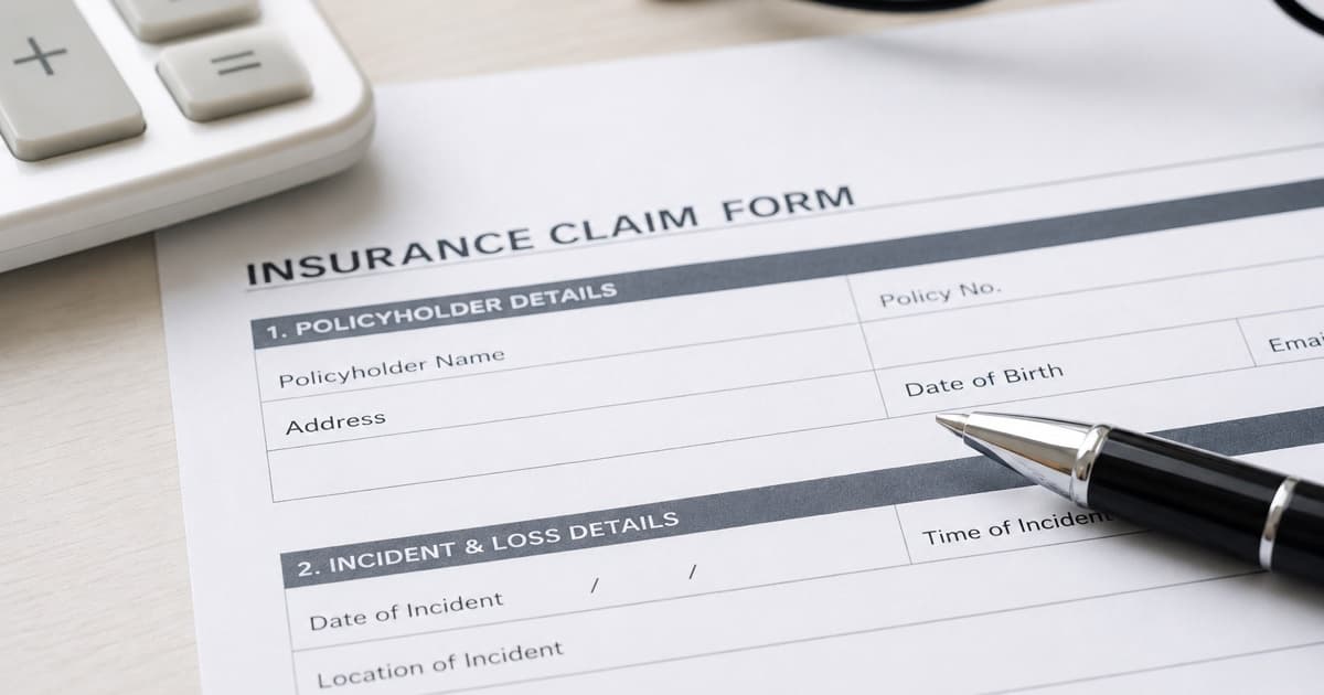 Photo of an insurance claim form on a desk with a calculator, glasses, and pen
