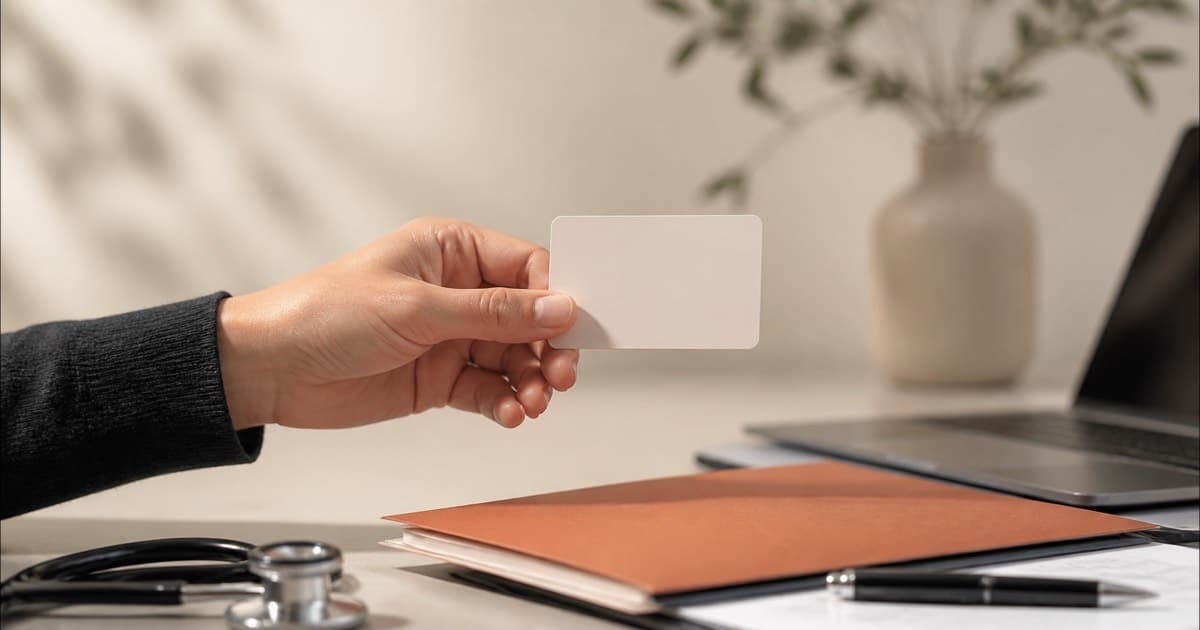 A hand holding an insurance card, face not shown
