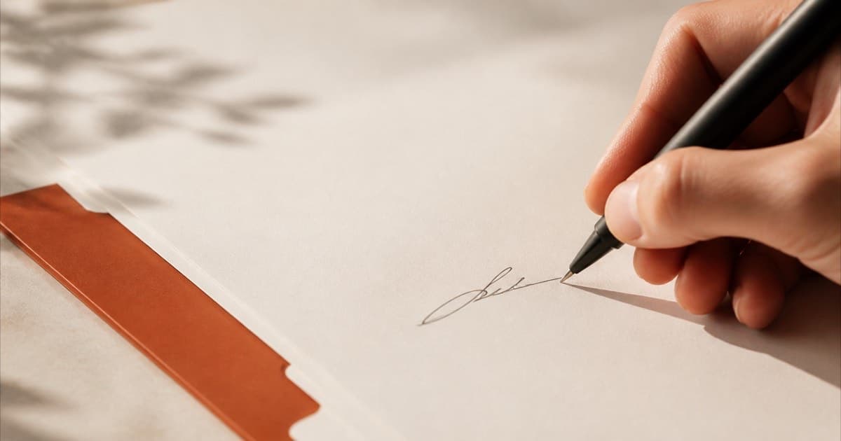 Close-up of a pen signing a document