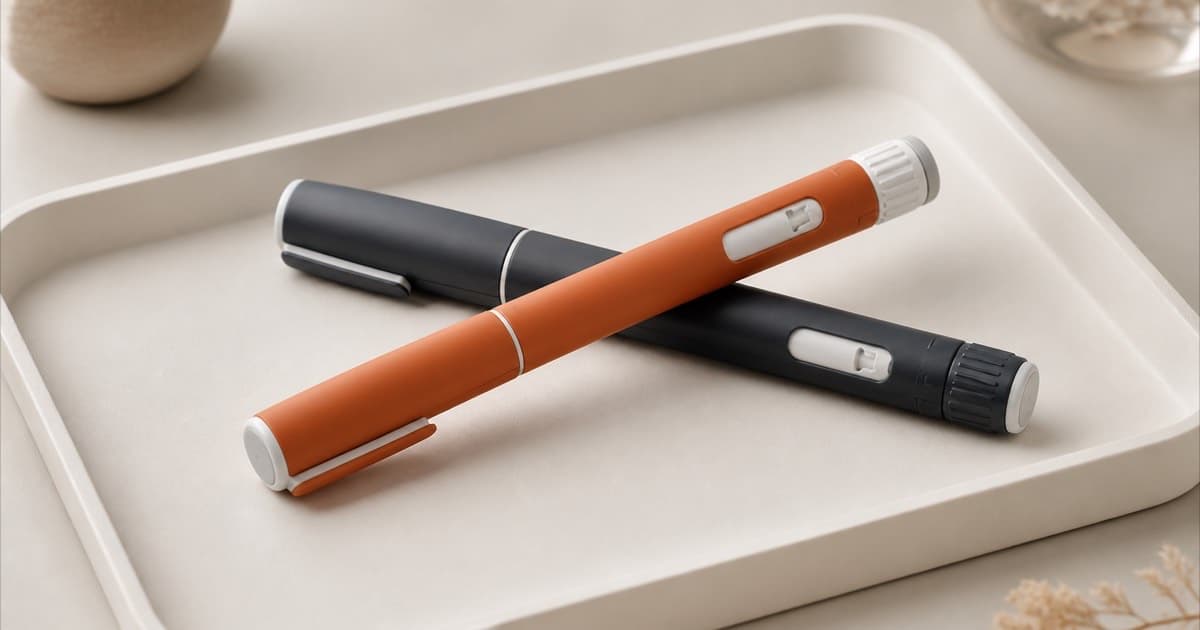 Two injection pens laid diagonally crossing each other on a clinical tray