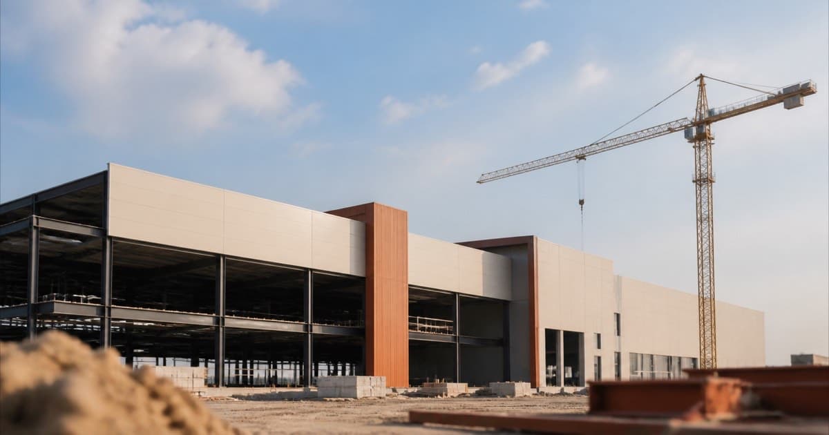 A factory building under construction with cranes against a blue sky