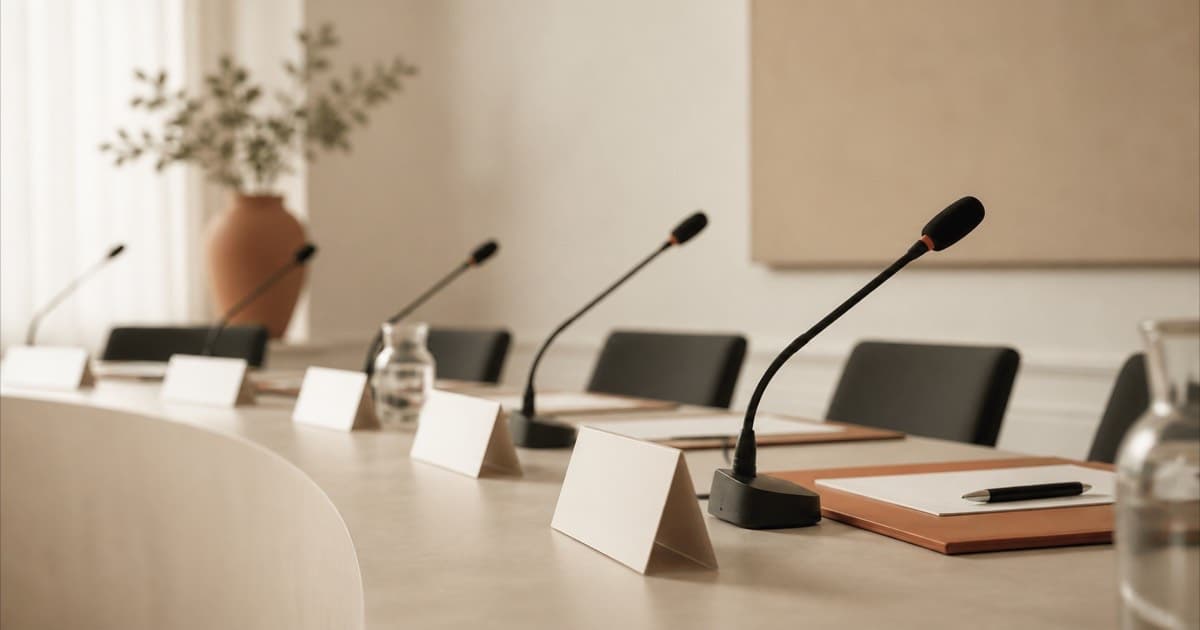 An empty conference room table with microphones and name placards