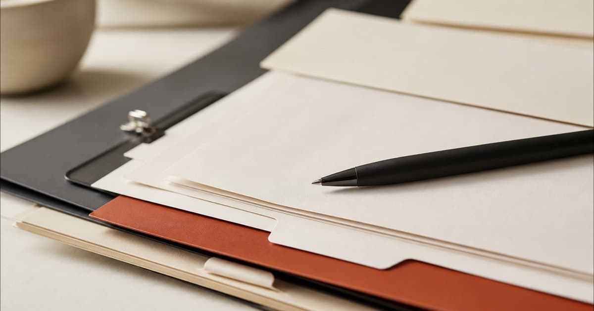 A stack of legal documents with a pen, desk flat lay