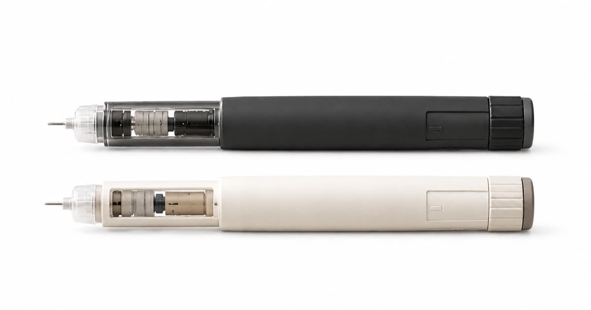 Two cross-section injection pen devices photographed side by side on a white background