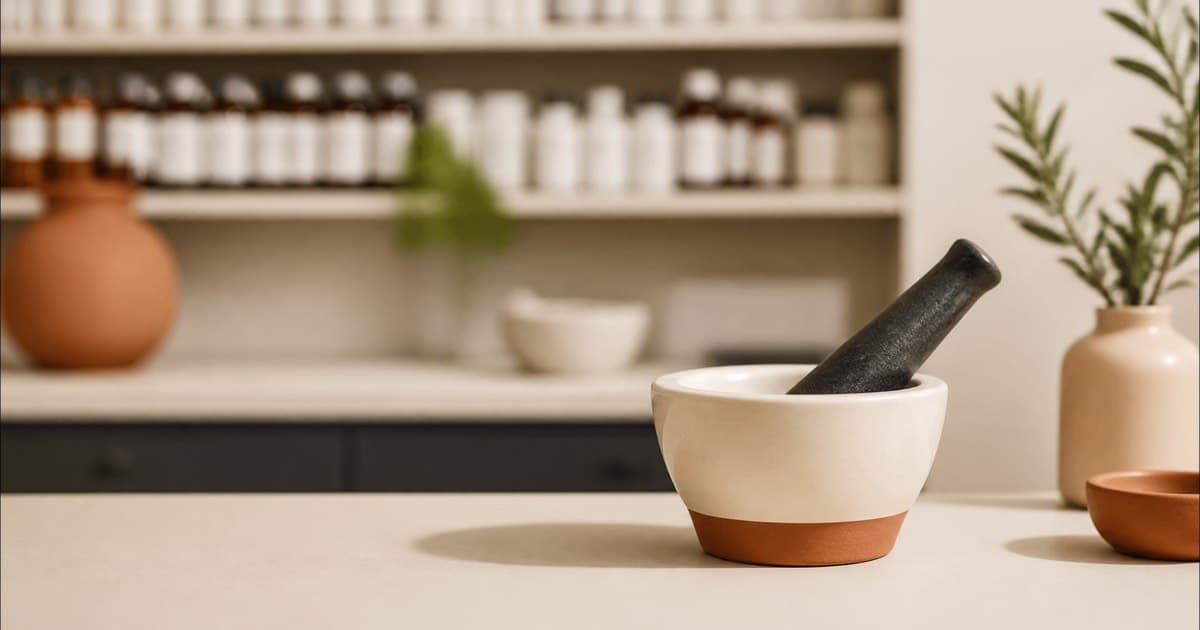 A pharmacist's mortar and pestle on a counter