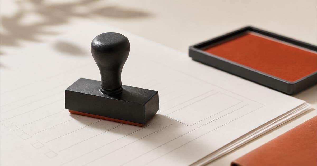 A rubber stamp and ink pad resting on a form