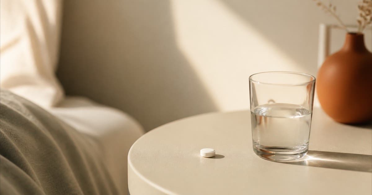 A single white tablet next to a glass of water on a nightstand in morning light