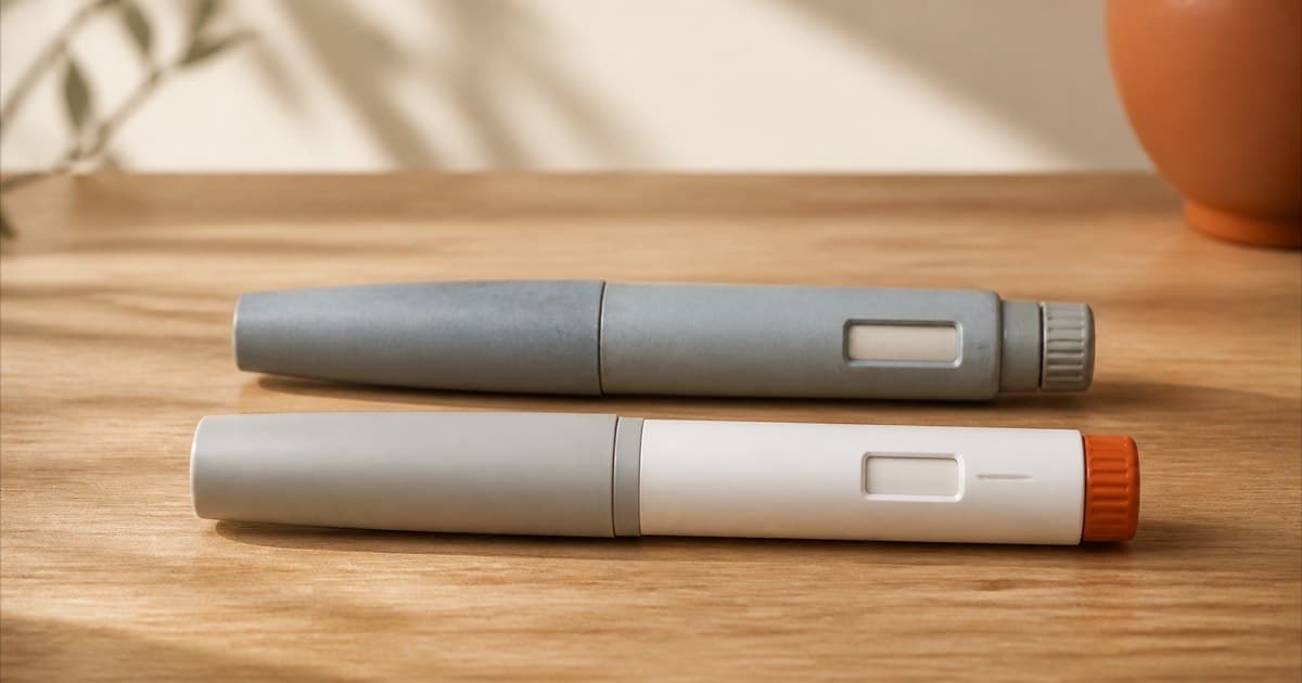 An older-style injection pen next to a newer pen device on a wooden desk