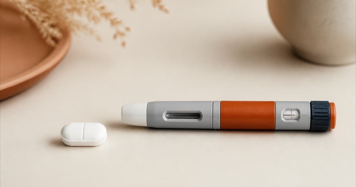A tablet and an injection pen placed side by side on a table