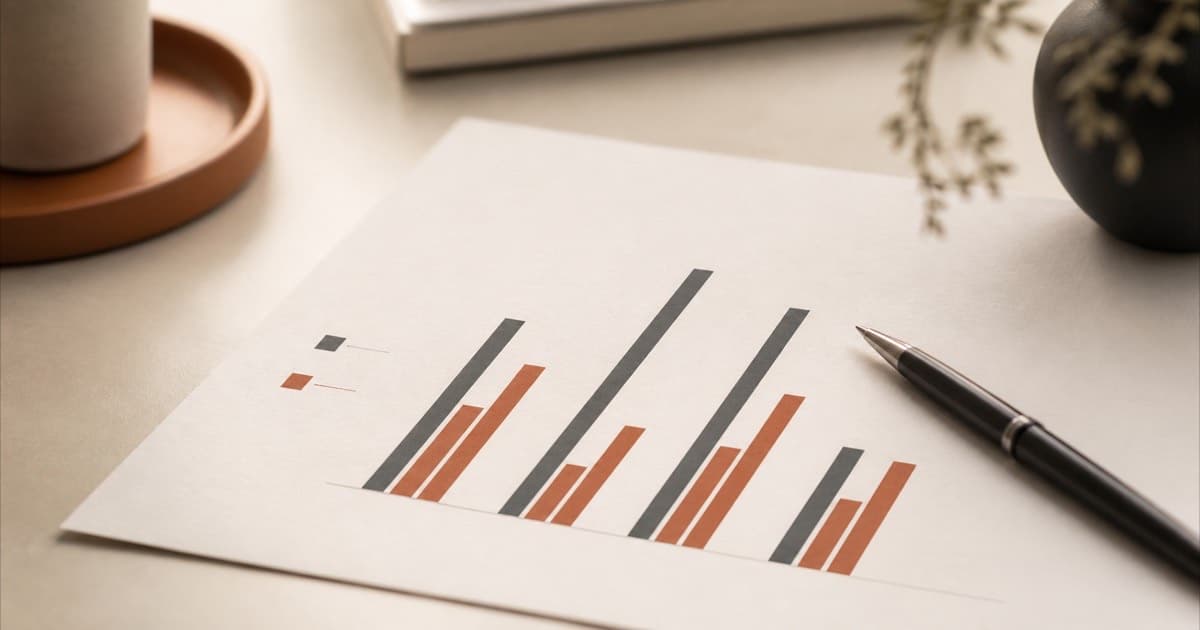 A printed bar chart page with a pen resting on it, desk flat lay