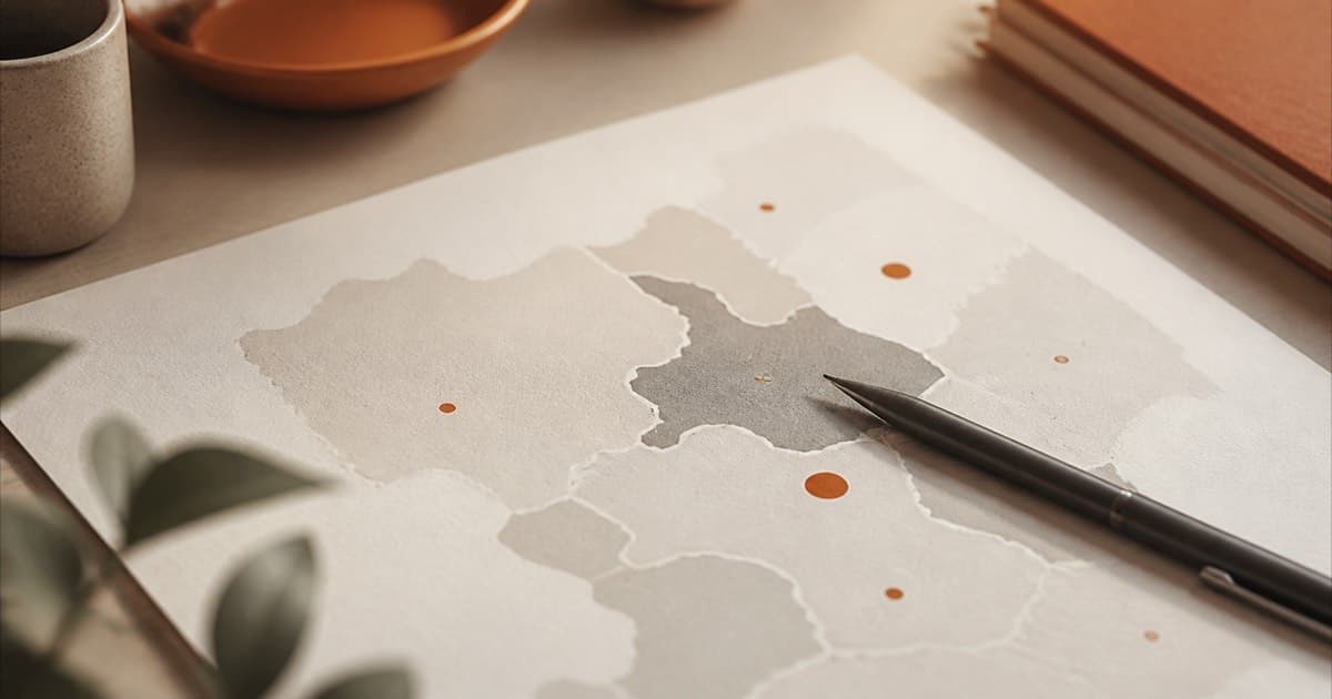 A paper map and pen on a desk, abstract office setting