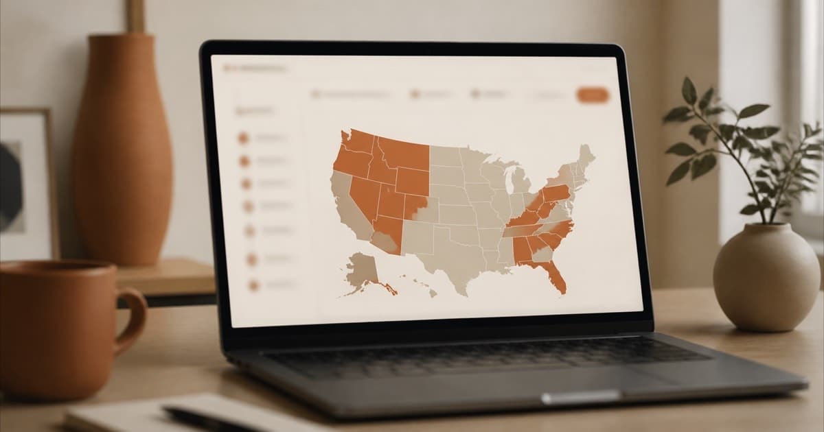 A laptop screen showing an abstract outline map of the United States
