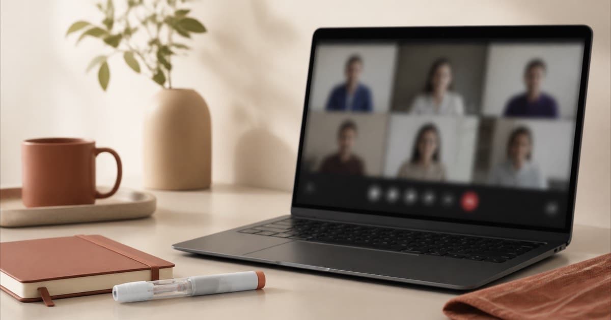 A laptop on a desk showing a blurred video consultation interface