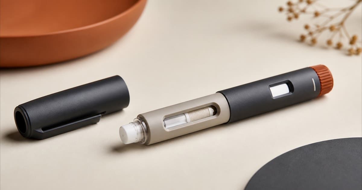 Close-up of an injection pen with its cap open, showing device detail