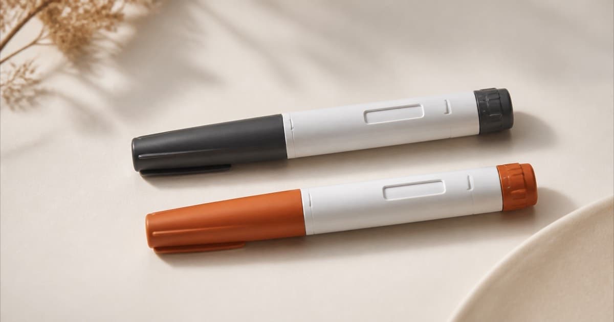 Two similar-looking injection pens with different colored caps side by side