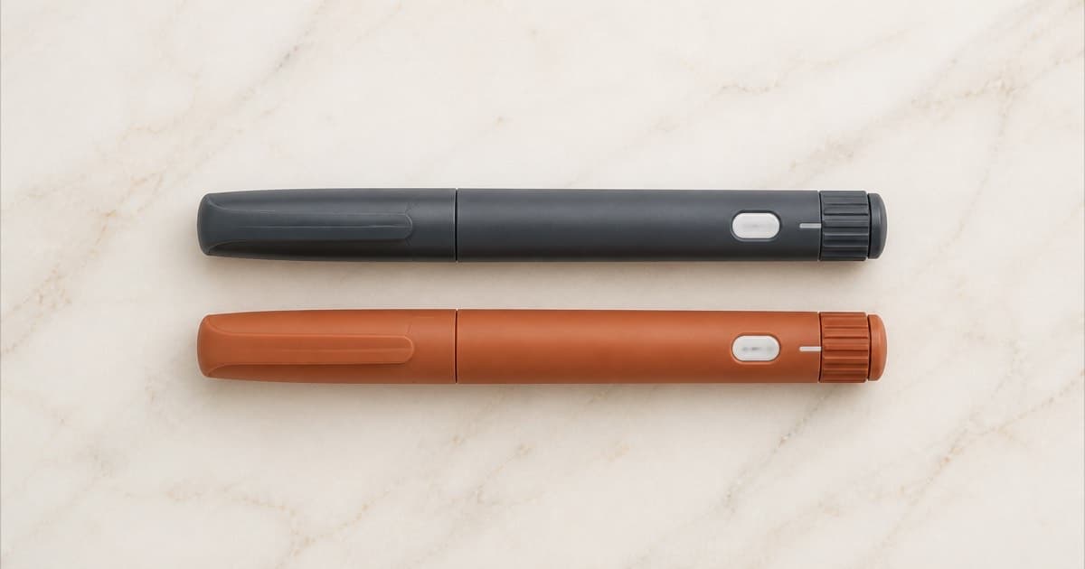 Two different injection pen devices standing upright side by side on a marble countertop, overhead angle