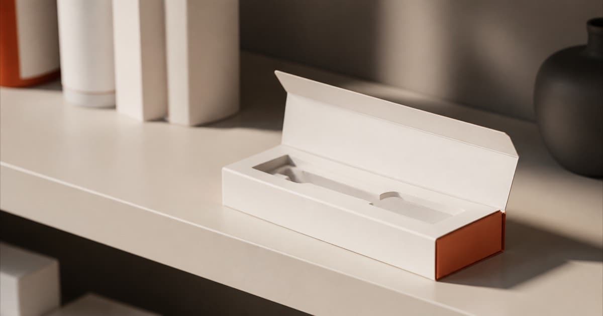 An empty injection pen box on a shelf with the pen missing