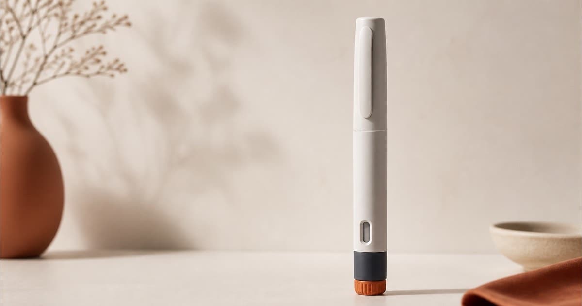 A single injection pen standing upright with soft shadow in a minimalist studio setting